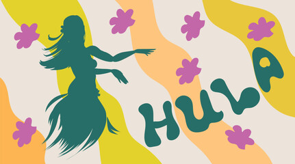 Green silhouette of hula dancer with title on colored background - obrazy, fototapety, plakaty