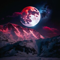 Snowy Mountain with Large Moon in the Sky, Beautiful Night View, Amazing, Cinematic. Generative AI