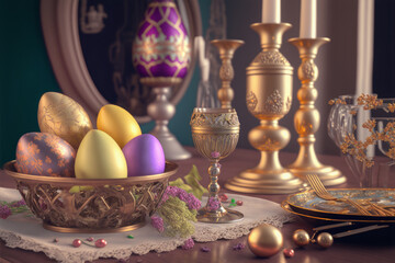 Naklejka premium A festive table filled with traditional easter decoration - Generative AI