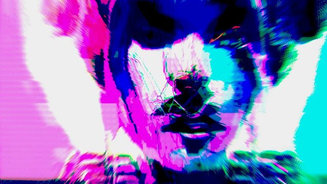 Portrait of a cyberpunk girl transforming into pixel and glitch animation. Noise video art.
