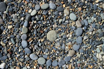 A circle made of stones on a stony beach.