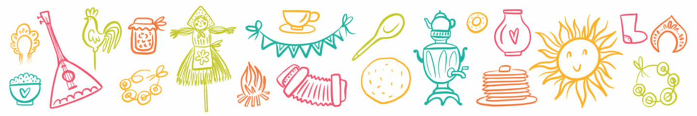 Vector horizontal pattern of the Maslenitsa holiday, hand-drawn in the style of a doodle