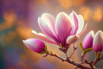 Closeup of blooming magnolia tree in spring on pastel bokeh background. Generative Ai - obrazy, fototapety, plakaty