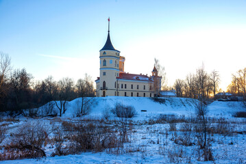The ancient castle of Beep on a winter evening. Pavlovsk, St. Petersburg neighborhood