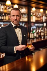 Whisky elegant. Man with beard holds glass of brandy. Bearded businessman in elegant suit with glass of whiskey. Luxury beverage concept. Generative ai .