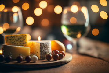 A mouthwatering view of a well-presented cheese board for a delicious meal. Bokeh of light and high end French cheese. Generative AI