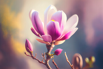 Twig with blooming pink magnolia flower. Generative Ai - obrazy, fototapety, plakaty