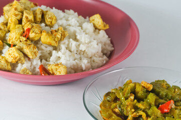 stir-fried bitter melon with sliced tempeh and white rice with sliced tofu cooked dry with chilies served in a small plate isolated on a white background