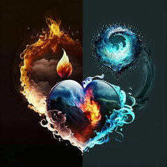 AI Elemental Heart made up of fire and water . Cool Heart logo made of flames and ocean . Burning Heart . Cold Heart  . Generative AI .