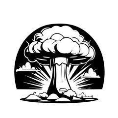 Nuclear explosion mushroom in cartoon black and white style for coloring. Vector illustration	