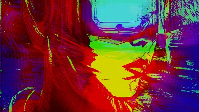 Portrait of a cyberpunk girl transforming into pixel and glitch animation. Noise video art.
