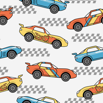 Sports car vector seamless pattern. For apparel prints, fabrics, and other uses.