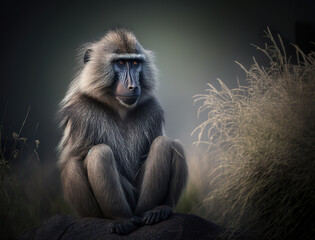 Baboon in the grass, a baboon sitting on a rock. 3D realistic illustration. Based on Generative AI