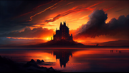 A black castle against the background of an epic fiery red sunset. Generative AI