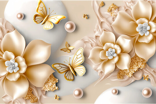 Wedding background with flowers, pearls and butterflies. Luxury wall art with golden decorative elements, ornate mural. Generative AI.