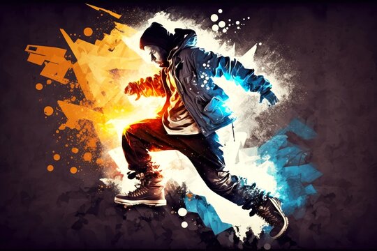 double exposure abstract hip-hop music or breakdance with blurry lights background digital illustration, created with generative ai