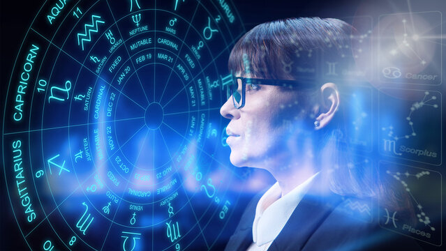 Serious Woman Consulting On Horoscope Sign, Astrological Forecast