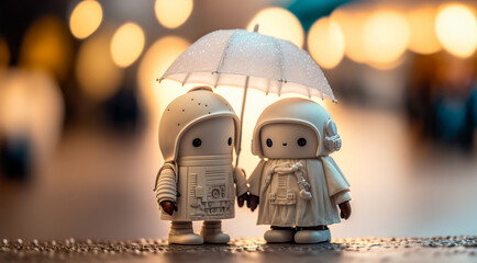 Romantic robot couple sharing an umbrella in the rain. Love and link between artificial intelligence, mutual aid and sharing of feelings. Generative AI
