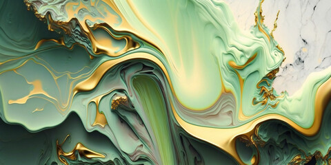 liquid afloat waving marble and cloth texture in pastel green and gold  colors background