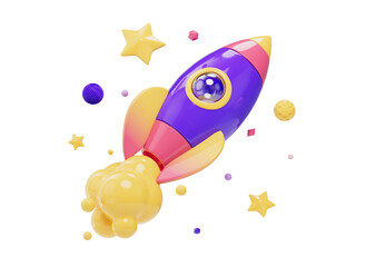 3D rocket launch icon. SEO strategy space concept. 3D startup rocket launch. Business space exploration. Cartoon style design 3D icon isolated on white background. 3D rendering.