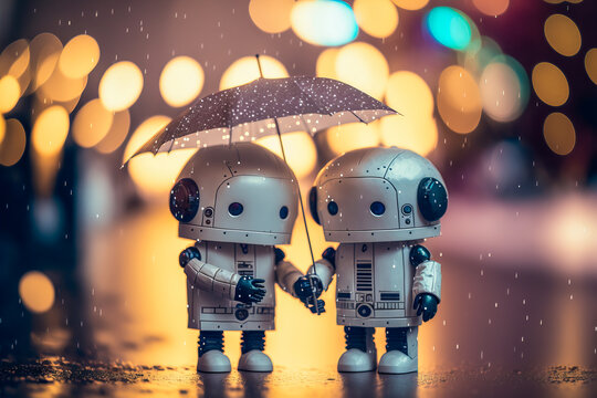 A couple of robots sharing an umbrella in the rain on a lit street. Their gestures remind us of the love and mutual aid between humans. Generative AI