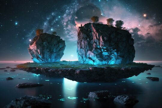 Flying rock islands at night sky landscape. Ai art