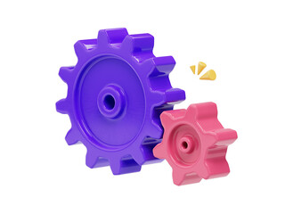 3D Cartoon cogwheel gear icon. Technology symbol design. Work settings cog icon. UX and UI development solution. Cartoon style design 3D icon isolated on white background. 3D rendering.