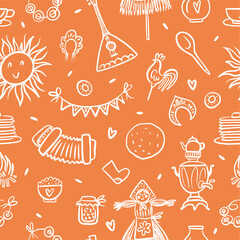 Vector pattern of the Maslenitsa holiday, hand-drawn in the style of a doodle