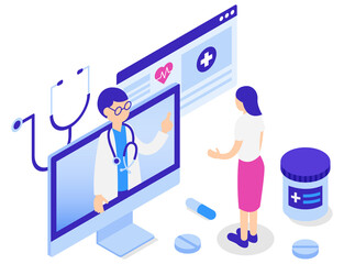 オンライン診療で受診する女性のアイソメトリックイラスト