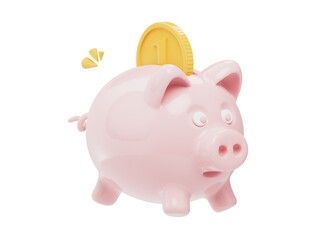 3D piggybank icon with gold coin. Cute cartoon piggybank illustration. Save money concept. Financial success and growth. Cartoon style design 3D icon isolated on white background. 3D rendering.