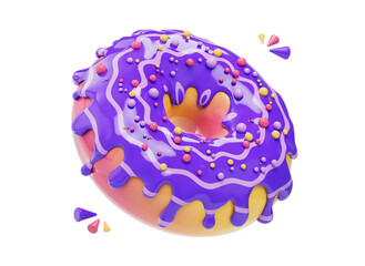 3D doughnut icon with pink glaze and sprinkles. Cartoon doughnut illustration. Food delivery service. Nutrition app logo. Cartoon style design 3D icon isolated on white background. 3D rendering.
