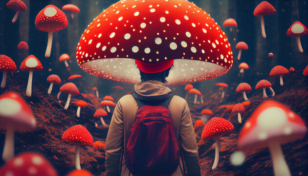 The concept of prohibited and permitted psychotropic substances and drugs, hallucinations and other influences. A man goes on a trip along a road surrounded by red fly agaric. generated ai