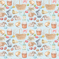 Easter holiday spring bunnies animals, chick, duckling, eggs, basket wicker cup ribbons and church decoration watercolor illustrations hand drawn set isolated on white background