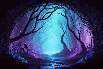 Circle Fairy forest at night, fantasy glowing flowers and lights. (ai generated)