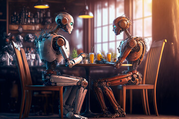 Fototapeta na wymiar Intimate moment between two humanoid robots in a café - tender, romantic and capable of feeling emotions and affection. Perfect to portray hearts, love and technology. Generative AI