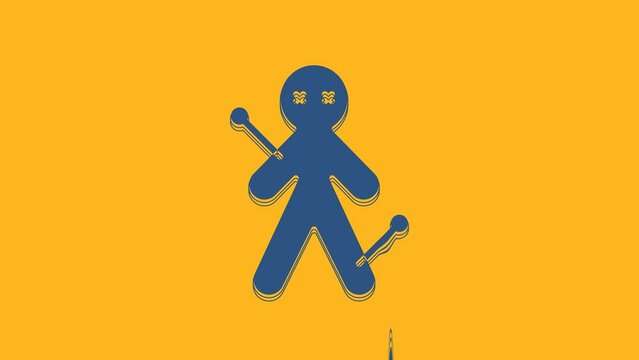 Blue Voodoo doll icon isolated on orange background. 4K Video motion graphic animation