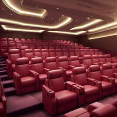 Fototapeta premium Soft and luxurious audience seats in an auditorium or movie theater. These chairs are arranged in rows. The decoration in the hall is beautiful and luxurious. 