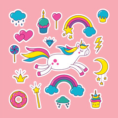 A set of stickers with a cute pony, candies, cupcakes and a rainbow with clouds.