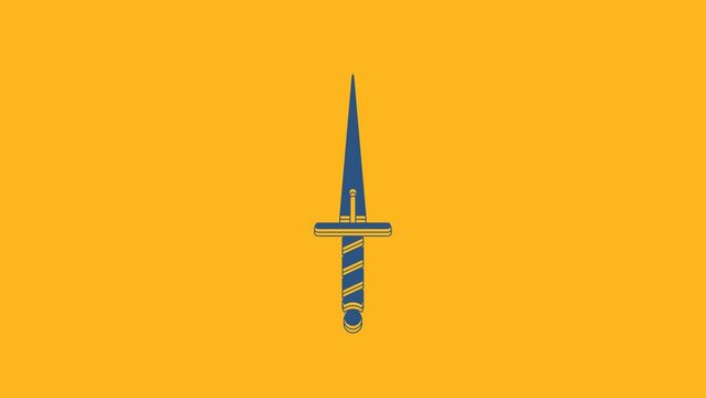 Blue Dagger icon isolated on orange background. Knife icon. Sword with sharp blade. 4K Video motion graphic animation