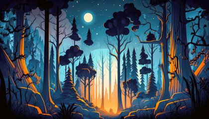 Fantasy Cartoon Forest Landscape Background With Night Sky and Stars | Cartoon Background for Kits | AI Generated
