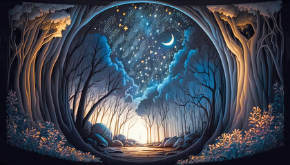Fantasy Cartoon Forest Landscape Background With Night Sky and Stars | Cartoon Background for Kits | AI Generated
