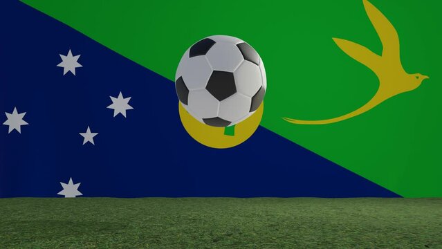 Soccer Football bouncing on grass colliding with viewer in front of Flag of Christmas Island