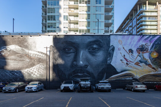 Los Angeles, United States - November 19, 2022: A picture of the Kobe Bryant Grana mural, featuring artwork by Odeith and Nikkolas Smith, created in 2022.