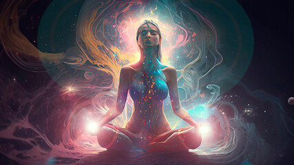 Girl meditating and universe. Illustration. Generative AI