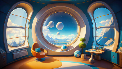 Cartoon Spaceship Cockpit Background Cartoon Cosmic Cockpit Backdrops | AI Generated