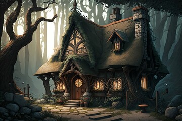 Cozy Magical Hermit Cottage or Quaint Inn or Tavern in the Forest, Medieval RPG Fantasy Building Exterior [Generative AI]