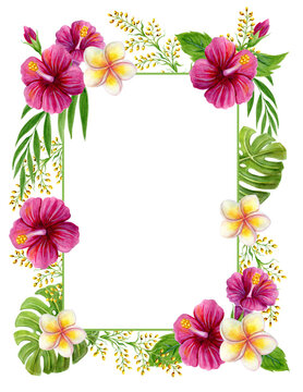 Tropical frame. Hand drawn watercolor painting with Hibiscus rose flowers and palm leave isolated on white background. Floral summer border.