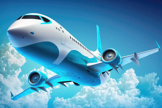 illustration painting of irplane is flying above the day clouds, travel trip vacation (ai generated)