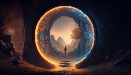 A mysterious, glowing portal leading to another dimension. Generative AI
