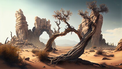 A desolate wasteland dotted with twisted, gnarled trees and craggy rock formations. Generative AI